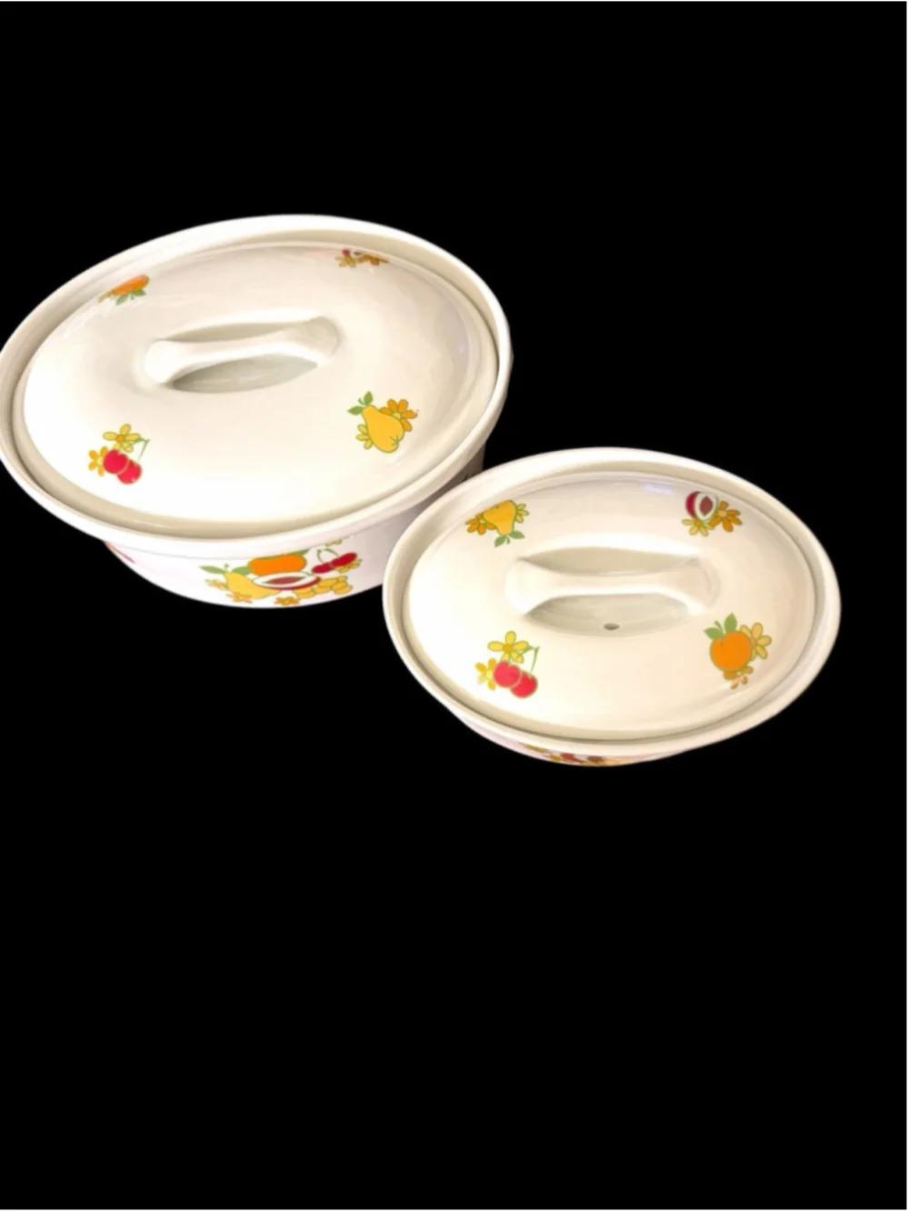 Vintage Cordon Bleu BIA France Lidded Casserole Set Fruit Pattern Stoneware 2pc